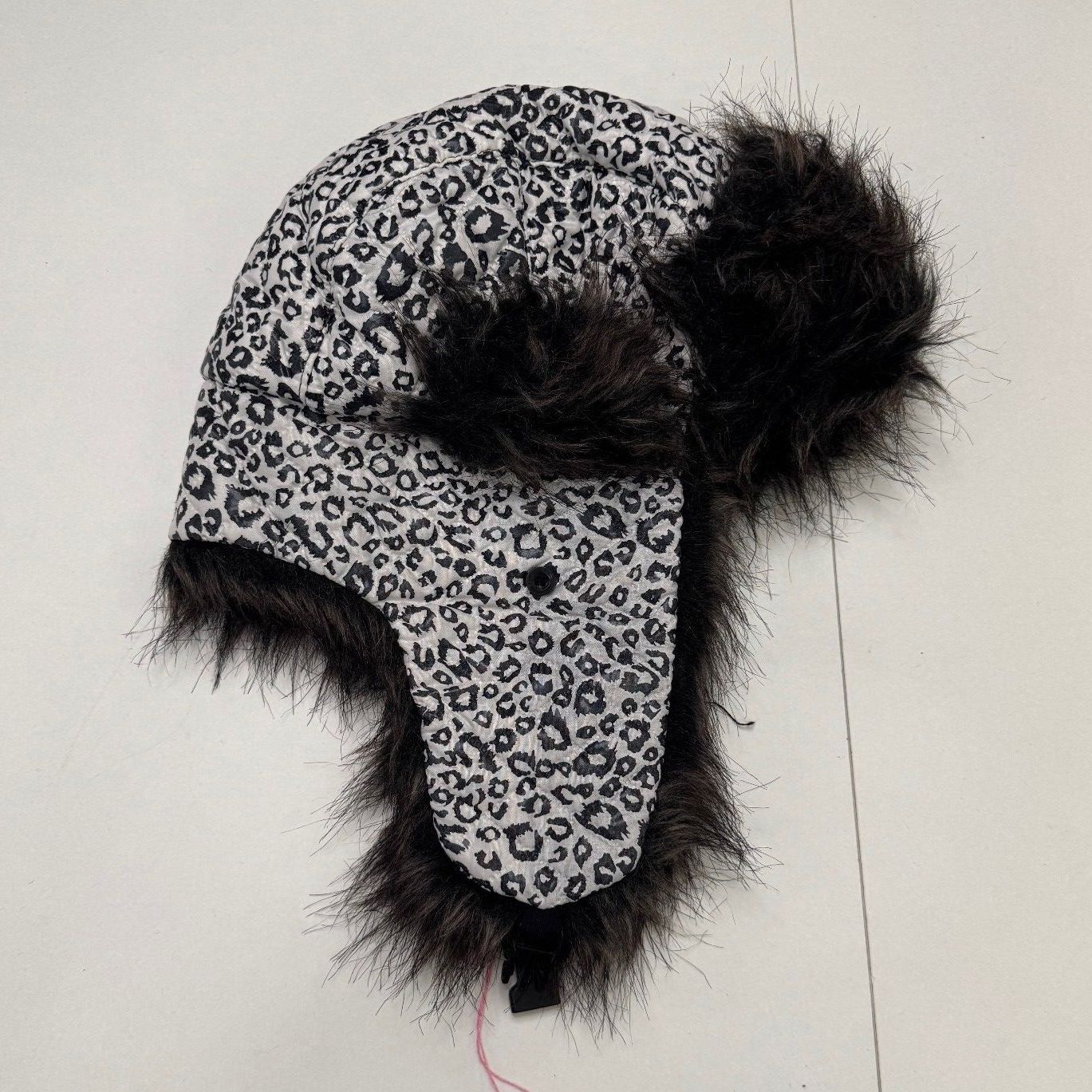 Y2K vintage trapper hat faux fur leopard print quilted black white unisex