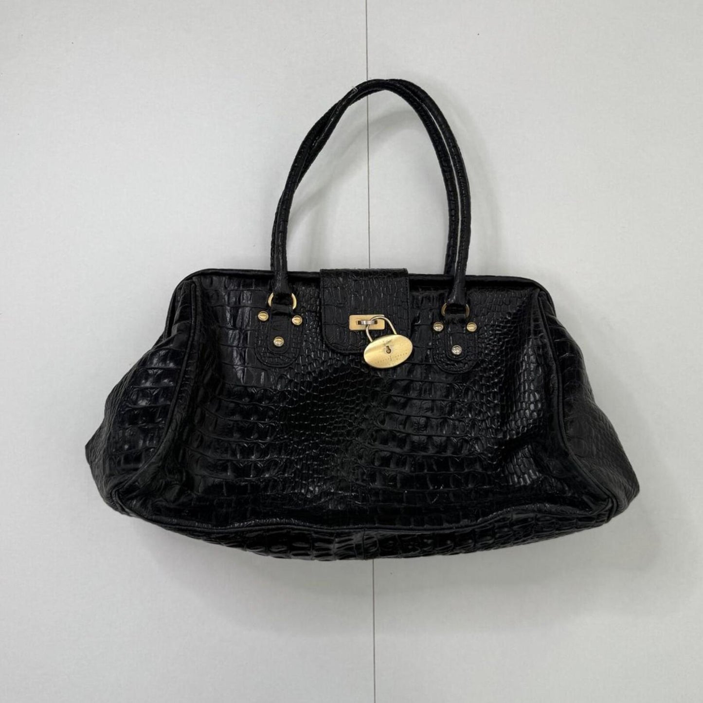 Y2K vintage shoulder bag genuine leather doctors croc print gold black medium