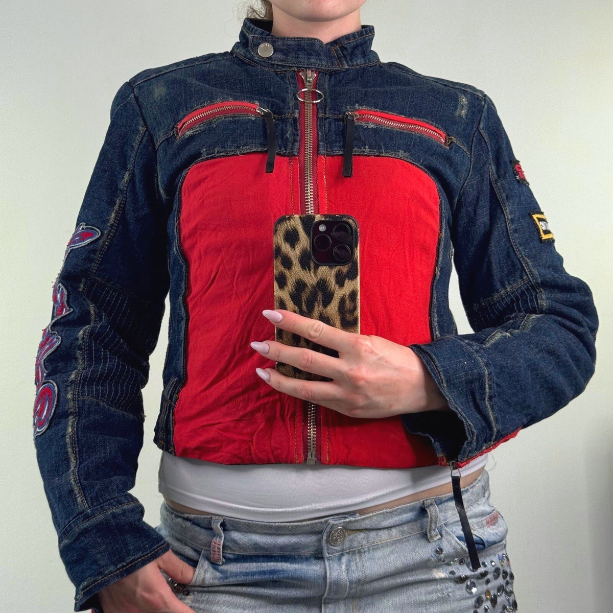 Y2K vintage denim jacket biker motorcycle moto zip up short patches high neck
