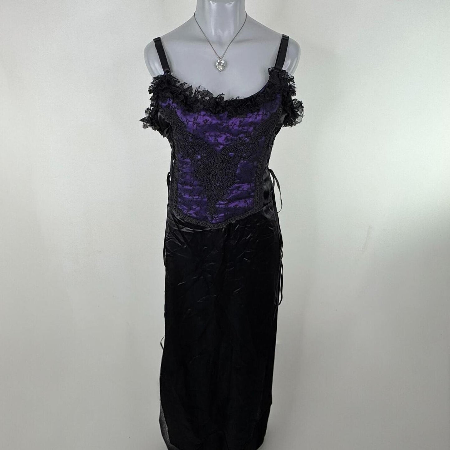 90s vintage Raven dress maxi purple black lace up ruffle mesh satin goth