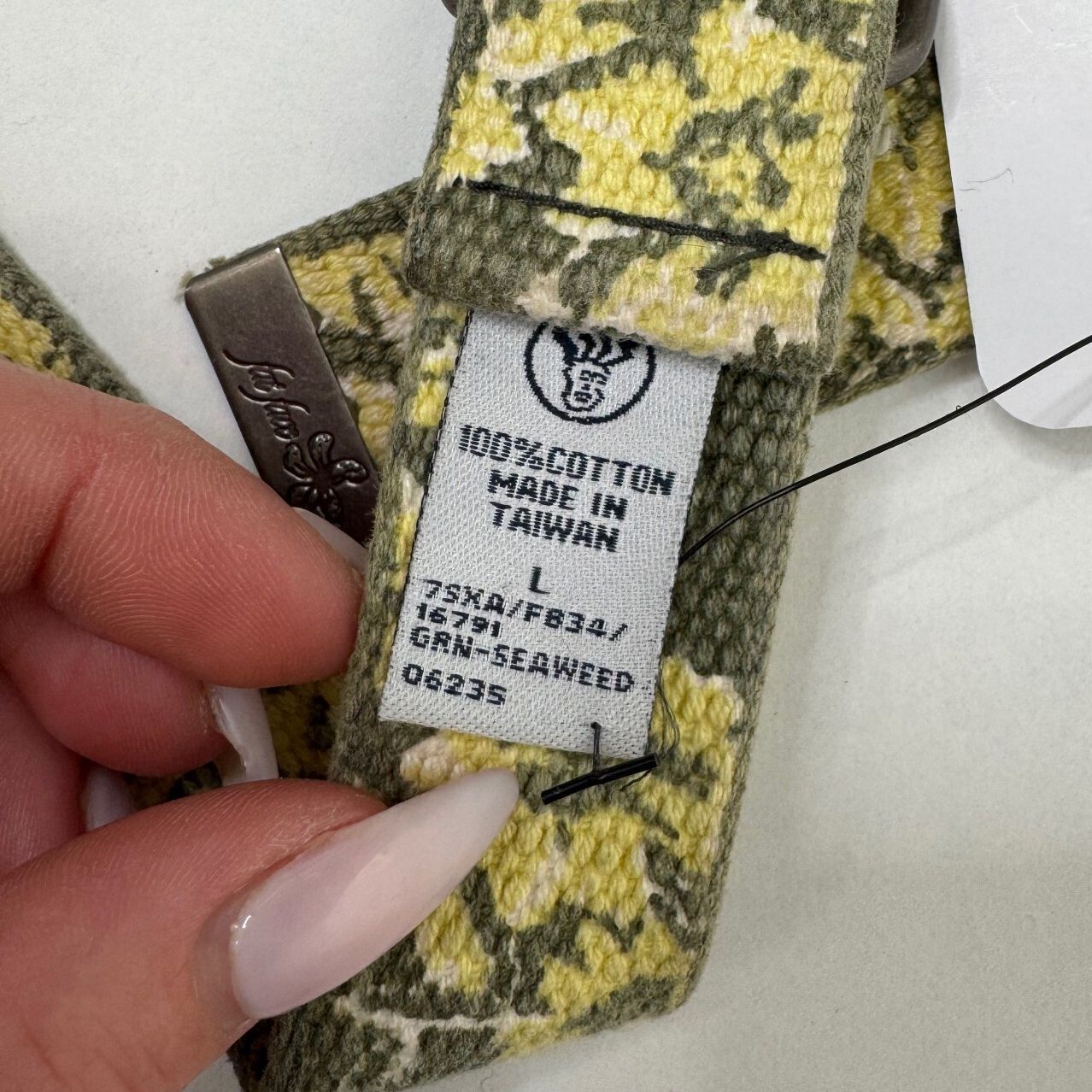 Y2K vintage canvas belt thin skinny grommet hibiscus floral yellow khaki