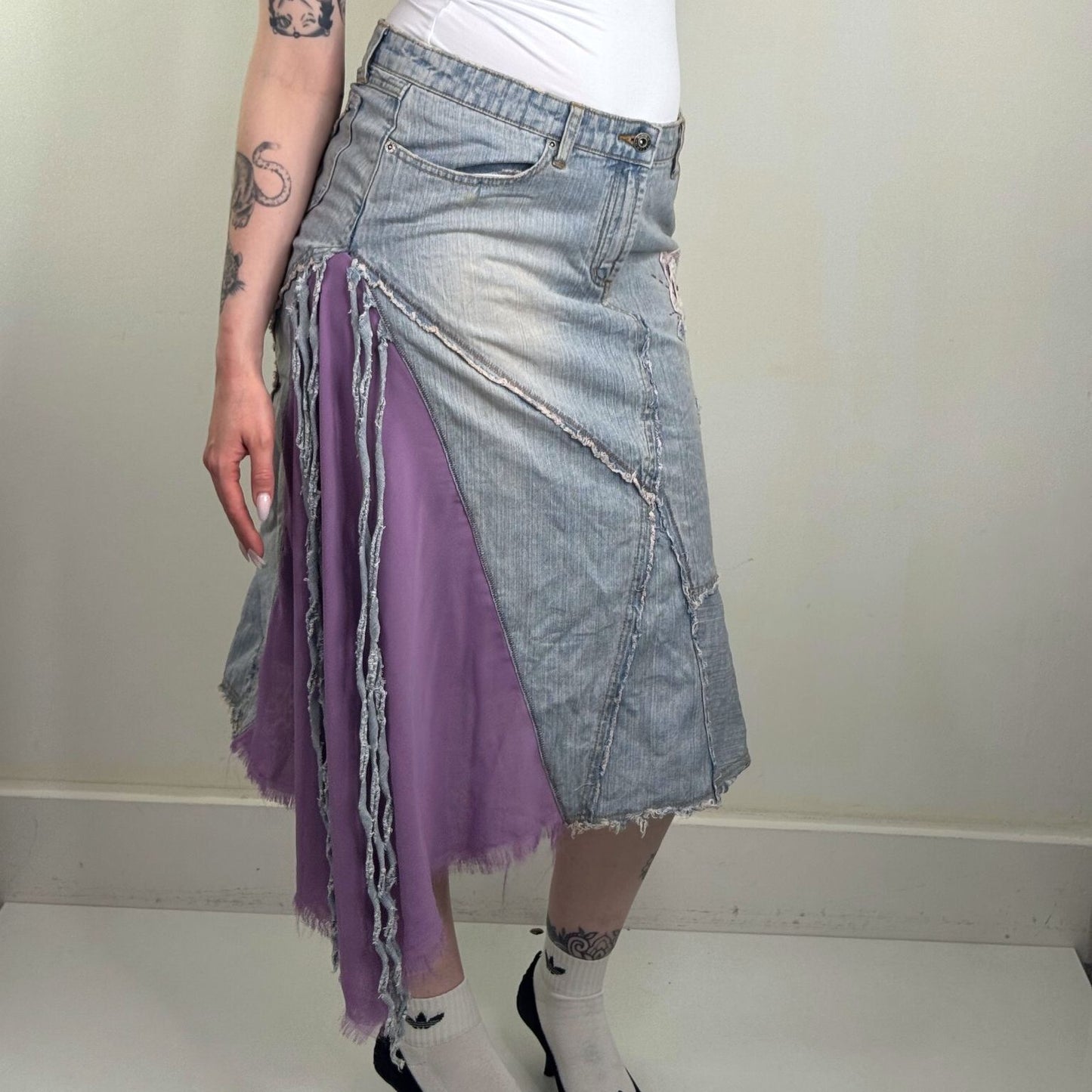 Y2K vintage denim midi skirt asymmetrical floral fairy boho embroidered a line