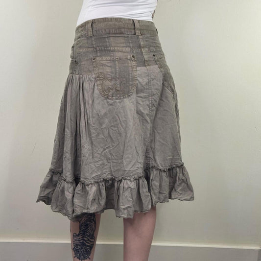 Y2K vintage Morgan de Toi midi skirt denim frill hem knee length a line khaki