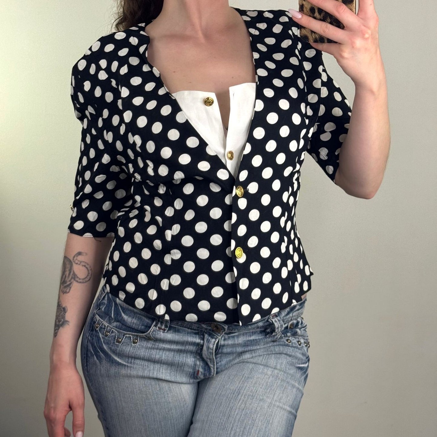 Vintage 80s blouse shoulder pads 3/4 sleeve polka dot shirt buttons tailored