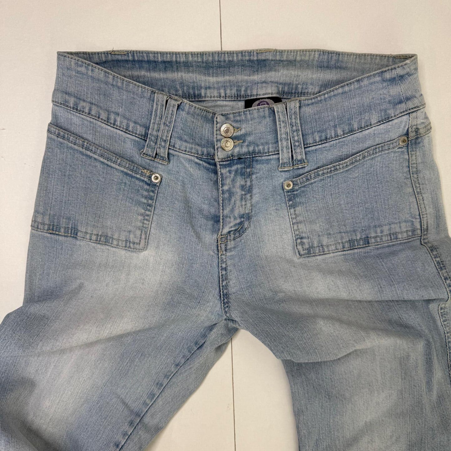Y2K vintage bootcut denim jeans light blue faded wash stretchy embroidered