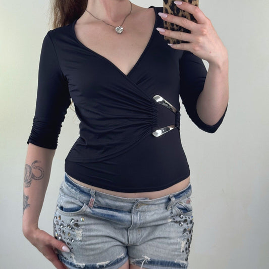 Y2K vintage 3/4 sleeve top slinky buckle ruched deep v neck fitted black stretch