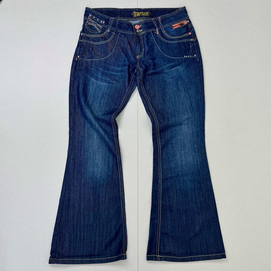 Y2K vintage bootcut flare denim jeans low rise dark faded blue wash rhinestone