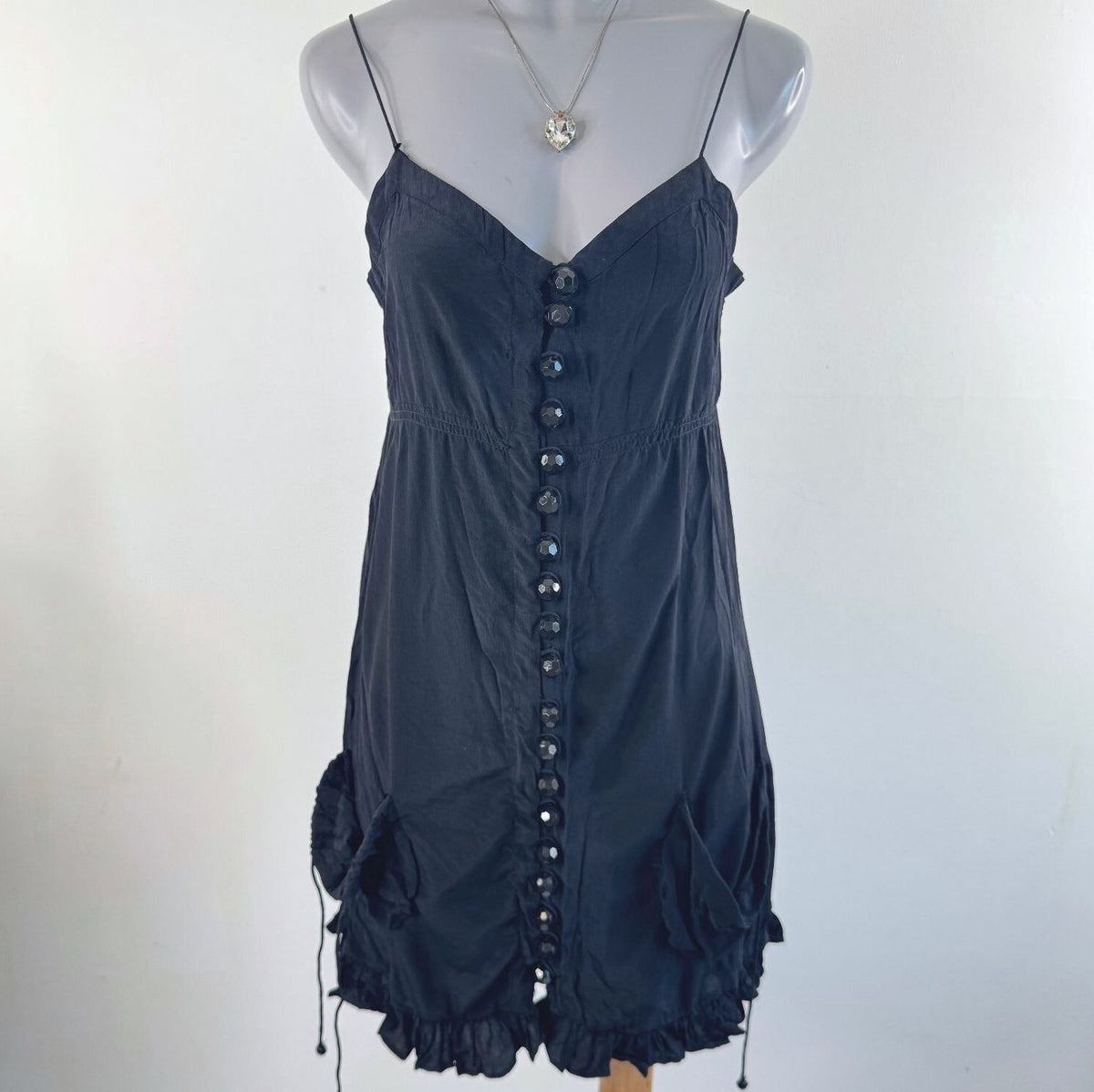 Y2K vintage silk mini dress ruffle button up pockets fairy boho coquette black