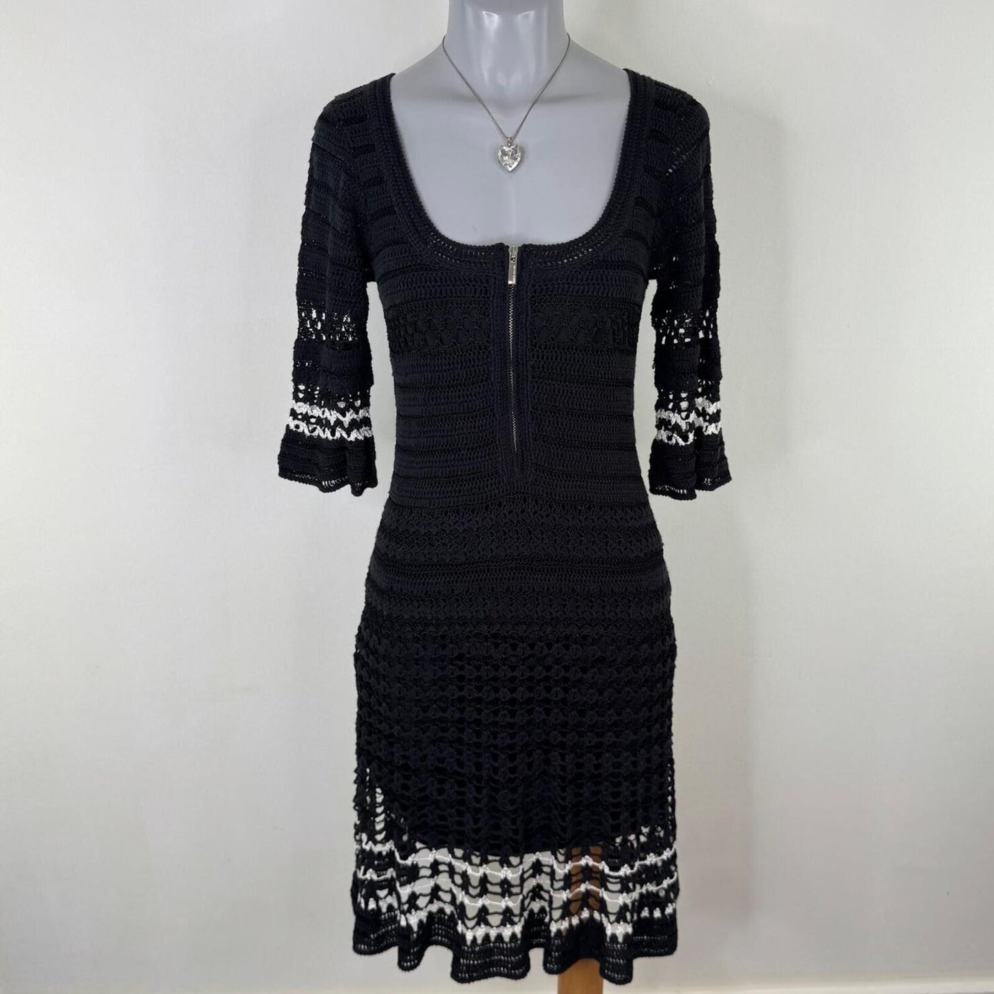 Vintage Karen Millen midi dress half sleeve scoop neck zip crochet knit summer