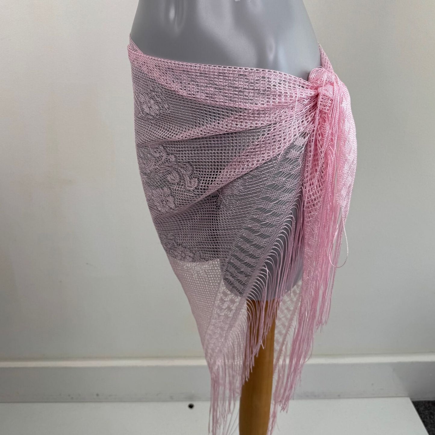 Y2K vintage sarong scarf fine knit lace sheer baby pink fringe floral cover up