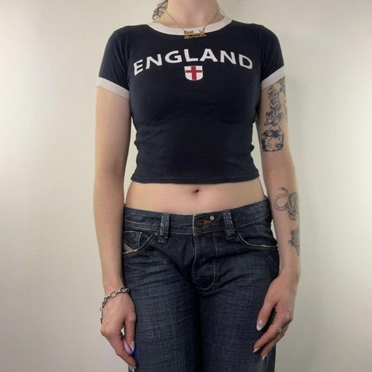 Y2K vintage England crop top football flag number 7 ringer navy white baby tee