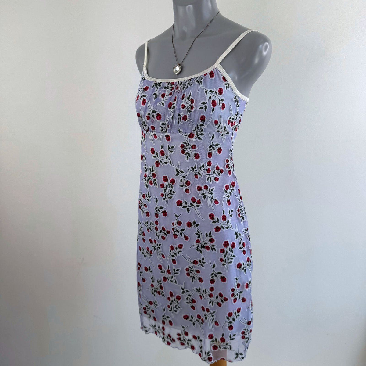 Y2K vintage mini dress floral rose pattern mesh overlay ruched bust stretchy