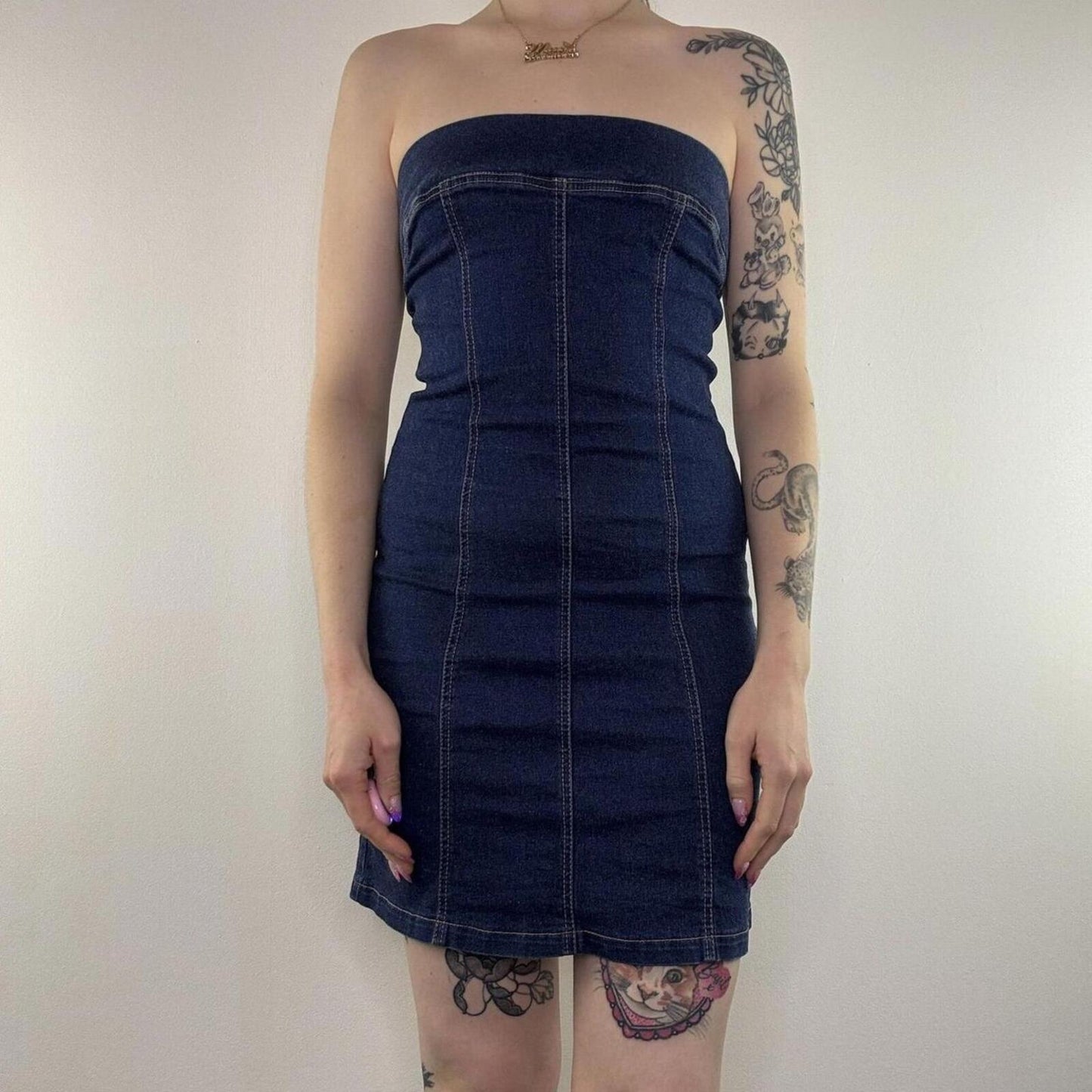 Y2K vintage denim mini dress stretchy strapless fitted bodycon blue wash zip up