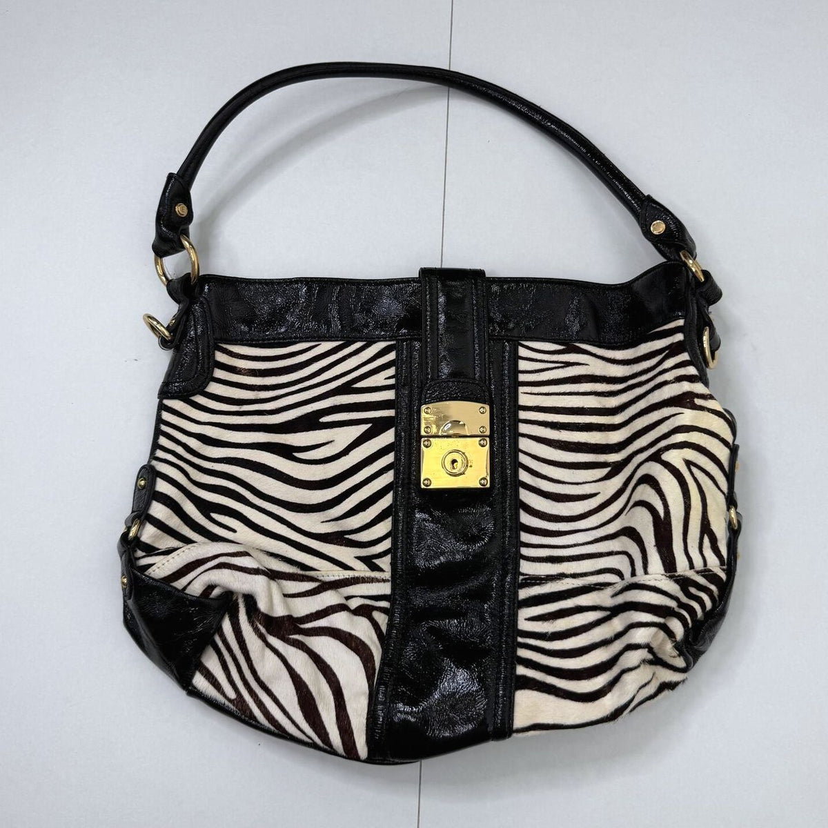 Y2K vintage shoulder bag zebra pony hair genuine leather hobo slouch large lock
