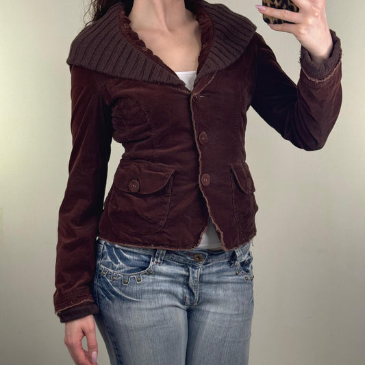 Y2K vintage blazer jacket corduroy ribbed hood button up fitted short stretchy