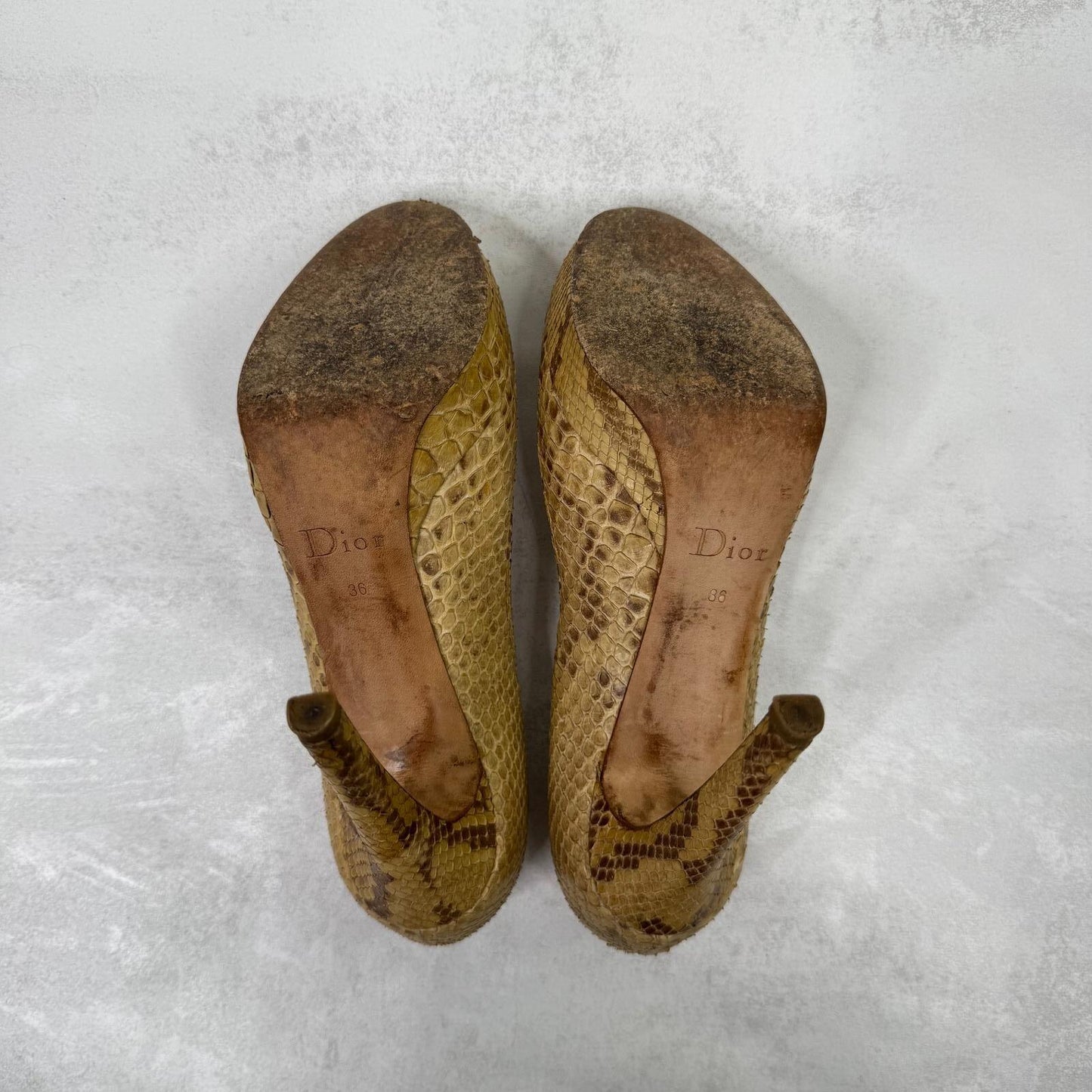 Vintage Dior heels snakeskin stilettos platform gold beige