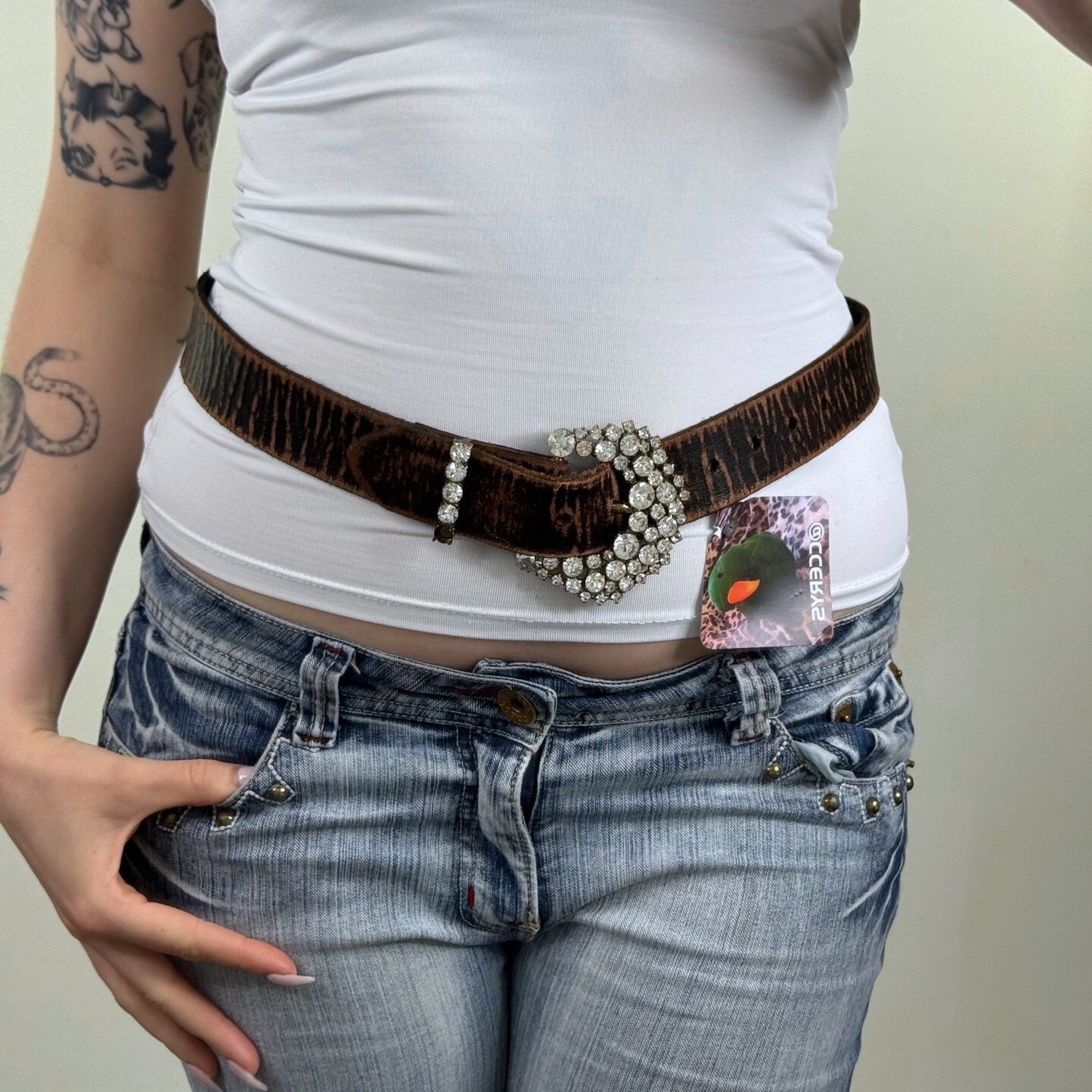Y2K vintage Martine Wester genuine leather belt rhinestone western distressed