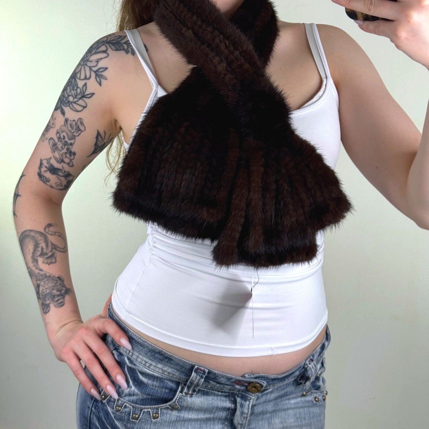 Vintage genuine mink fur scarf dark brown short length