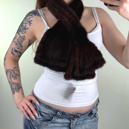 Vintage genuine mink fur scarf dark brown short length
