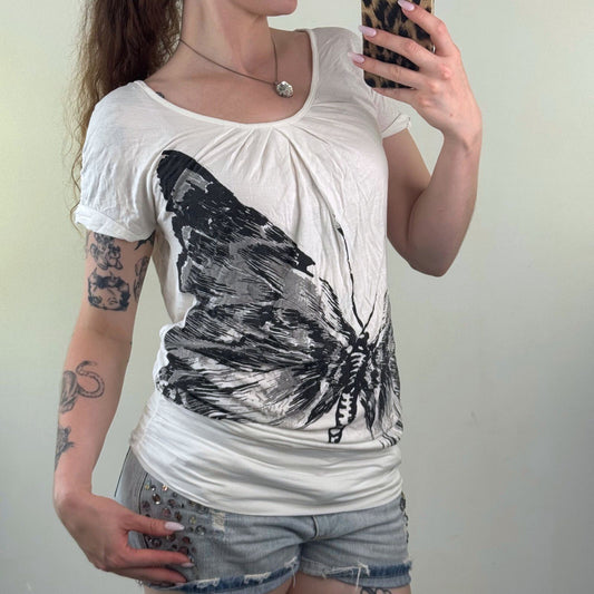 Y2K vintage t-shirt short sleeve top slouchy open back butterfly print ruched