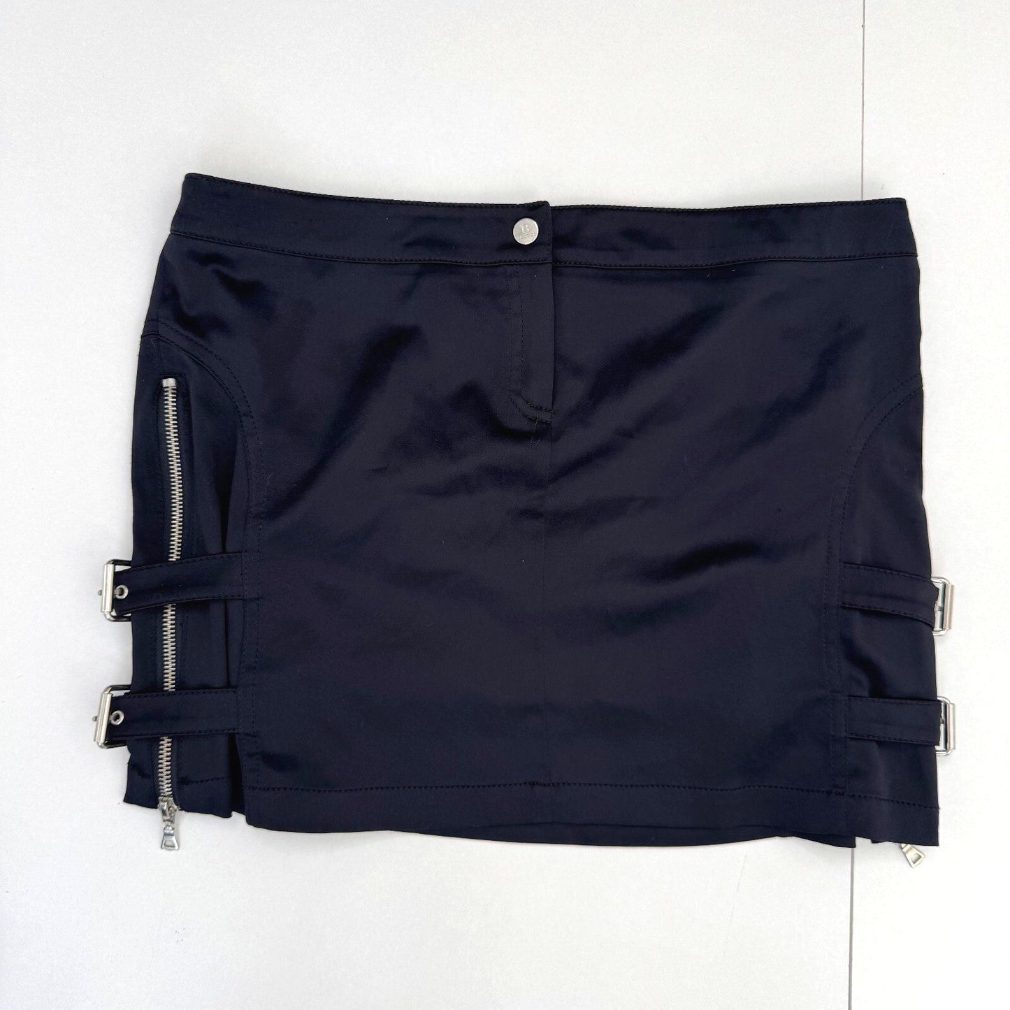 Y2K vintage mini skirt low rise satin zippers black silver buckle