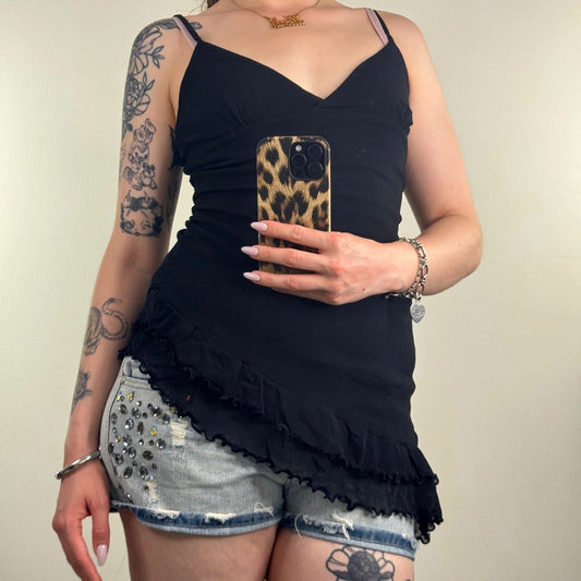 Y2K vintage cami top asymmetrical mesh v neck stretchy ruffle lettuce hem black