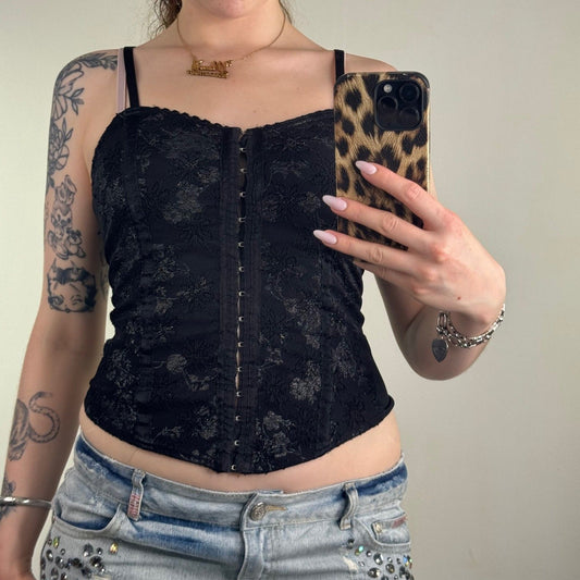 Y2K vintage corset style top hook and eye floral pattern fitted stretchy black