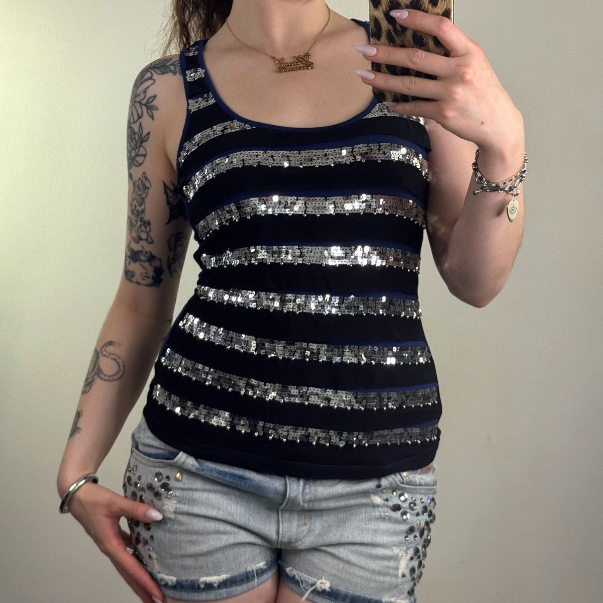 Y2K vintage Jane Norman tank top sequin mesh stripe racerback scoop neck