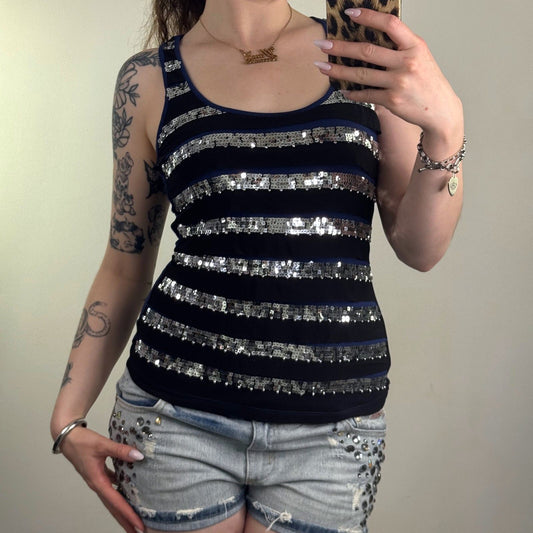 Y2K vintage Jane Norman tank top sequin mesh stripe racerback scoop neck