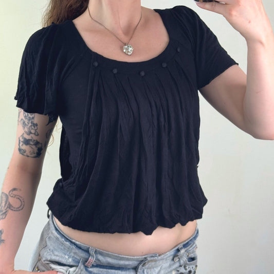Y2K vintage slouchy short sleeve top peplum buttons ruched gathered black