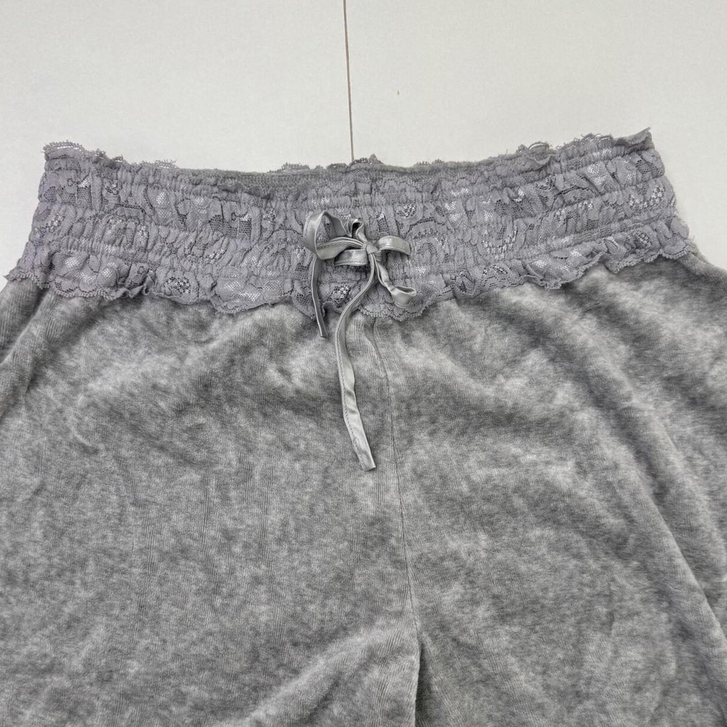 Y2K vintage velvet joggers cropped lace trim waistband bow stretchy short length