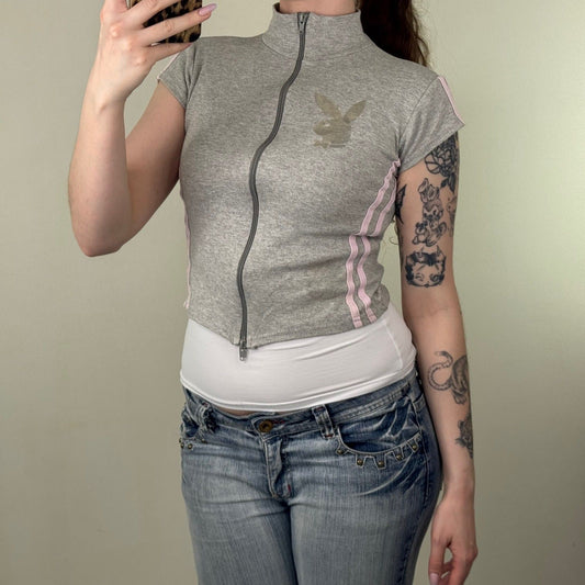 Y2K vintage bunny short sleeve top zip up high neck crop grey pink sporty