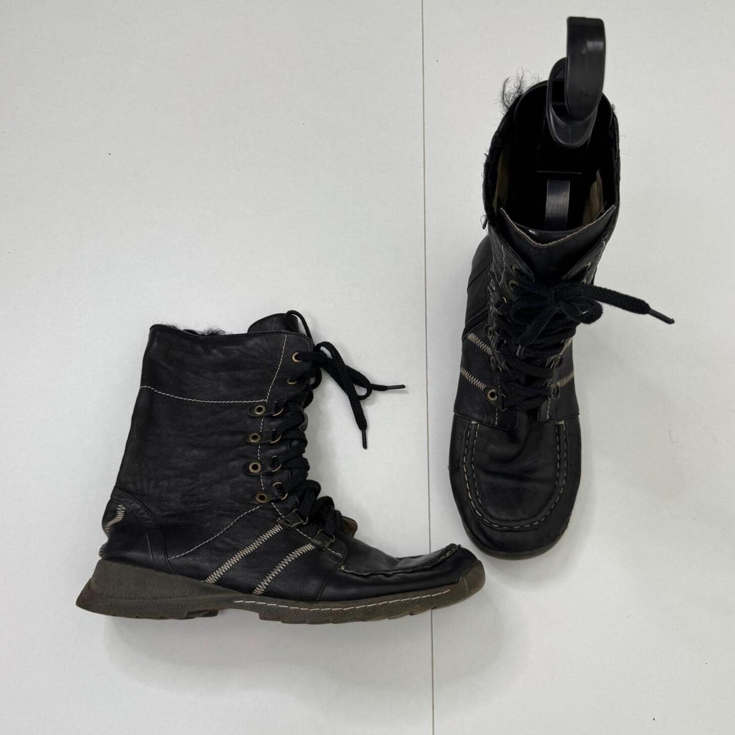 Y2K vintage boots genuine soft leather mid calf length contrast stitch lace up