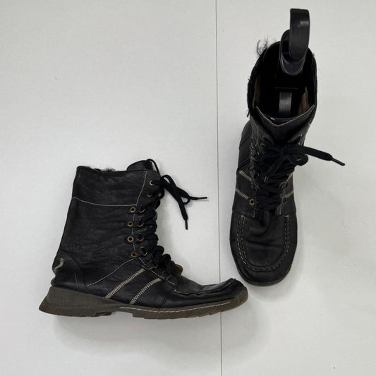 Y2K vintage boots genuine soft leather mid calf length contrast stitch lace up