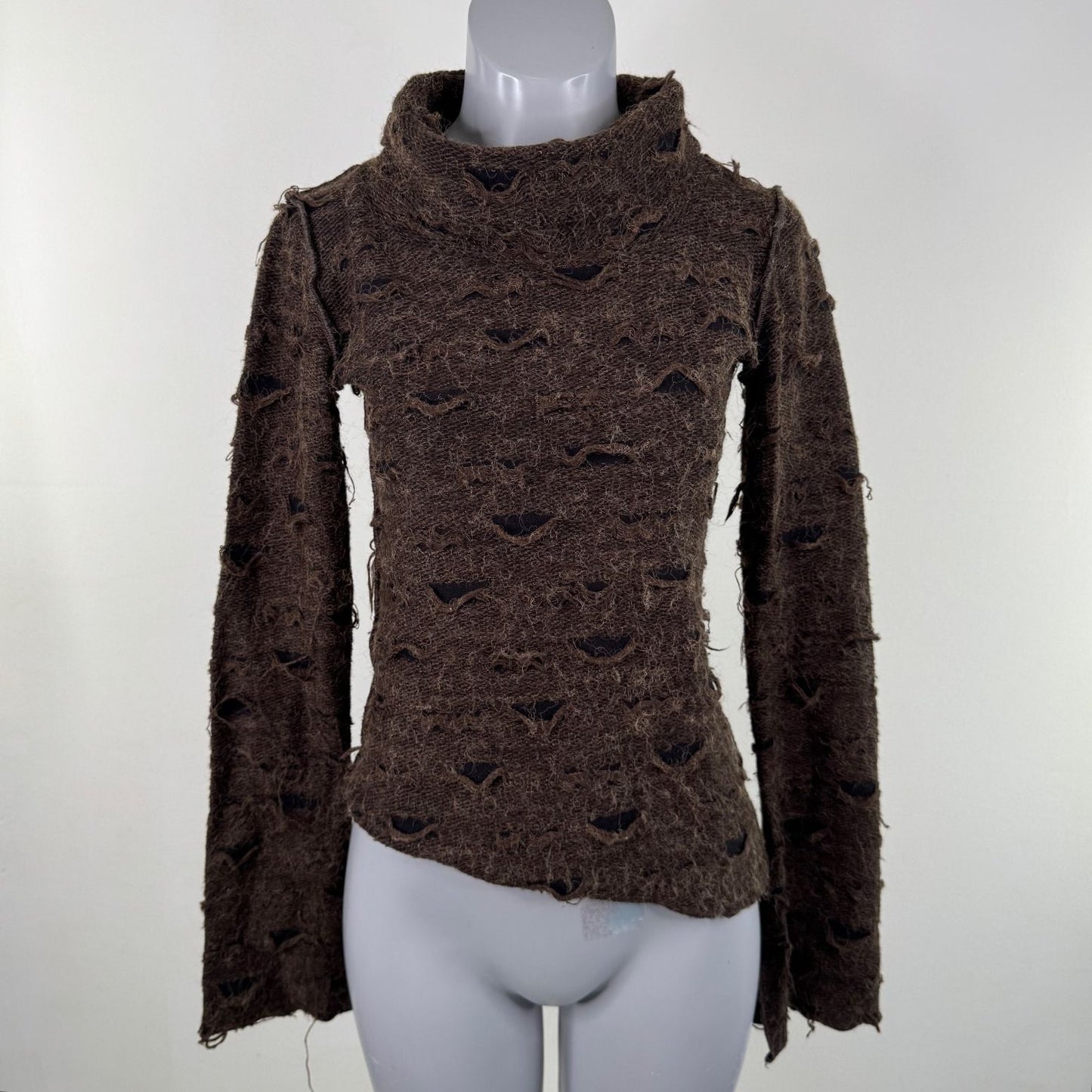 Y2K vintage wool blend jumper asymmetrical roll neck flare sleeve distressed