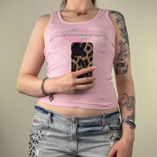 Y2K vintage Universal Studios Florida tank top graphic print ribbed crop pink