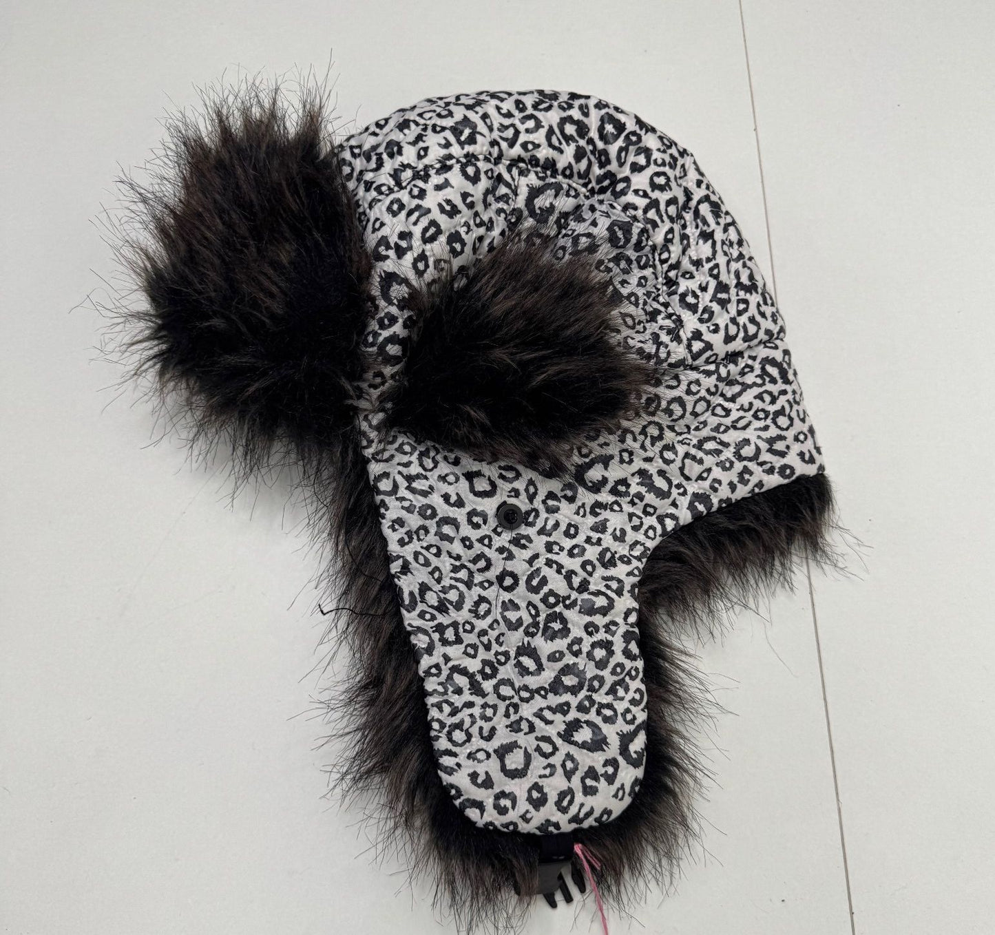 Y2K vintage trapper hat faux fur leopard print quilted black white unisex
