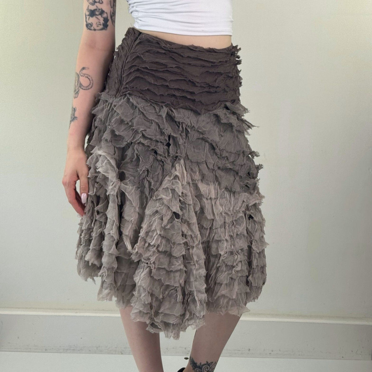Y2K vintage midi skirt part silk ruffle tiered grey asymmetrical ombre Italian