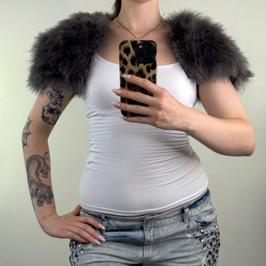 Y2K vintage feather shawl bolero grey super crop short sleeve open front
