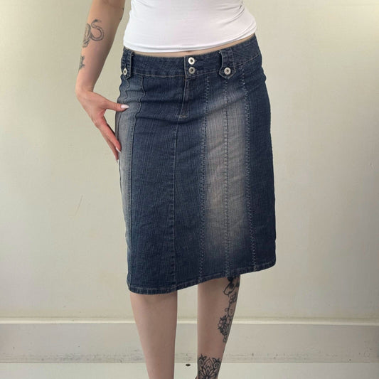 Y2K vintage denim midi skirt faded a line stretchy stitching knee length