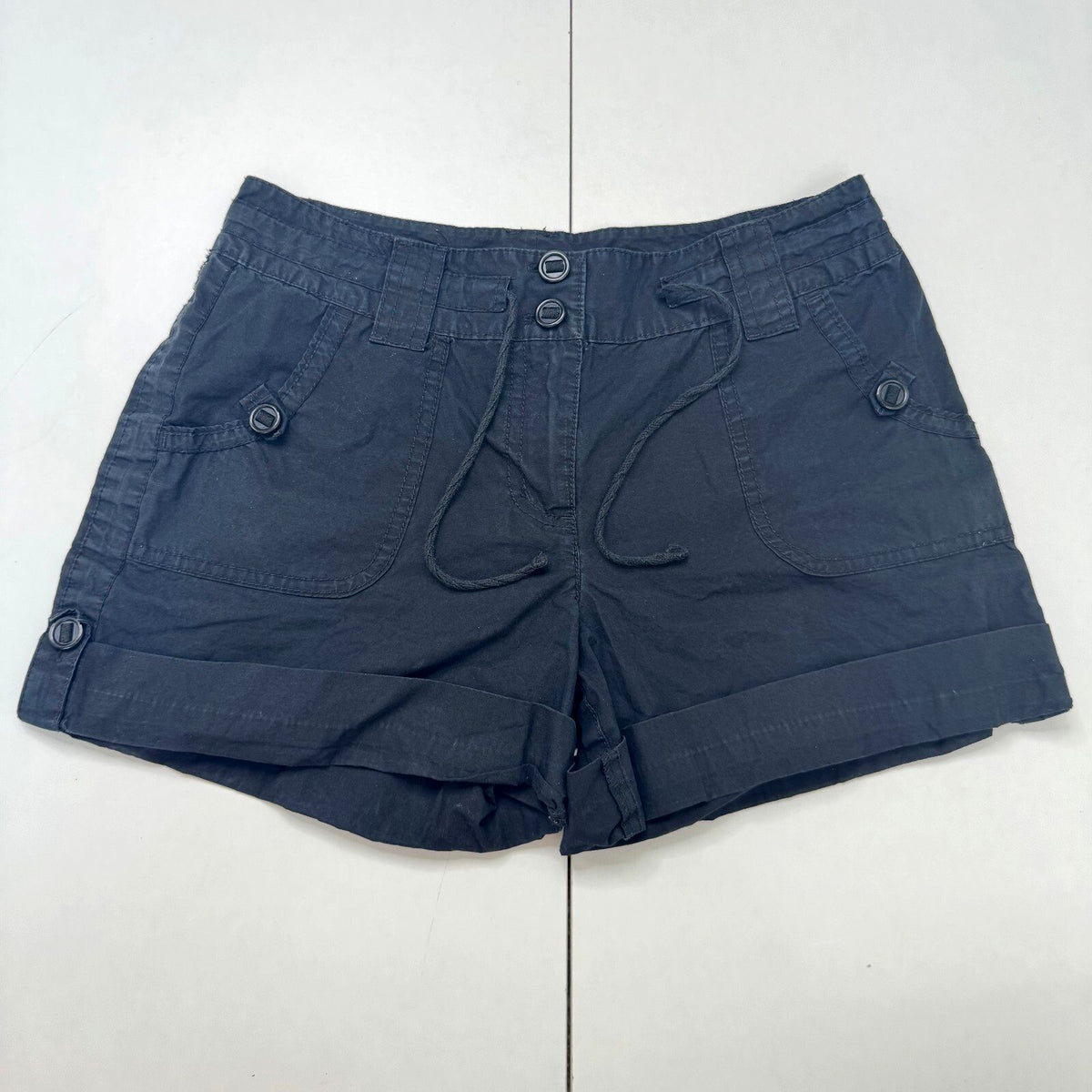 Y2K vintage mini shorts buttons mid rise cargo drawstring black cotton