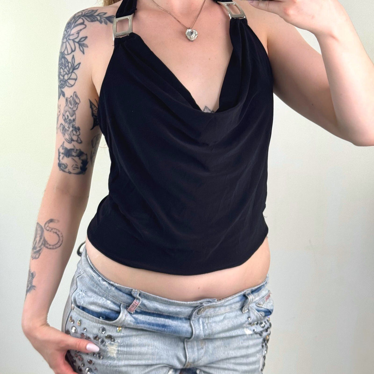 Y2K vintage slinky halter top cowl neck buckle fitted stretchy party going out