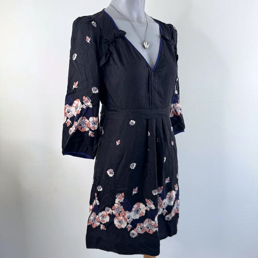 Vintage 2010 Juicy Couture 100% silk mini dress floral 3/4 sleeve v neck a line