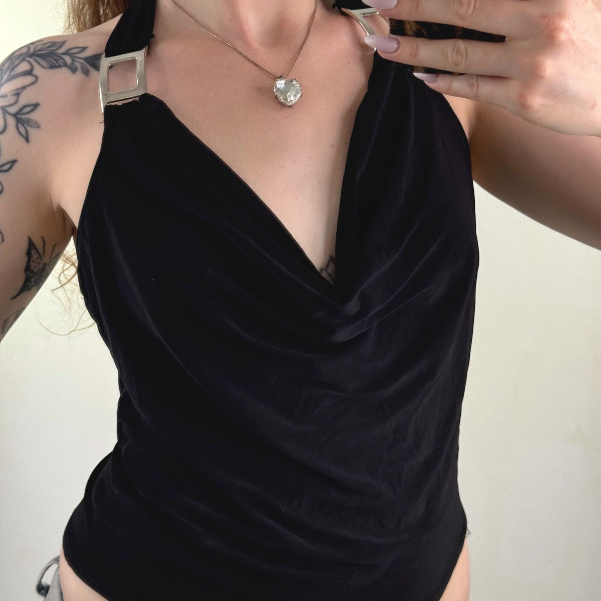Y2K vintage slinky halter top cowl neck buckle fitted stretchy party going out