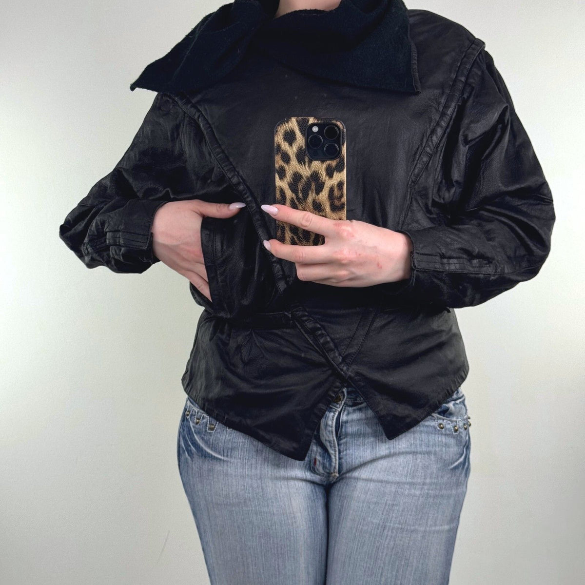 Vintage Genuine Leather Batwing Wrap Jacket Oversized Cowl Collar Statement 80s
