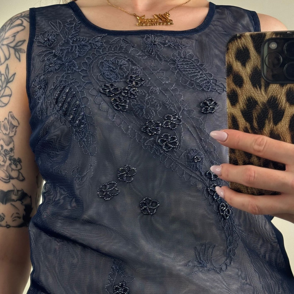 Y2K vintage tank top mesh beaded embellished navy floral paisley sleeveless