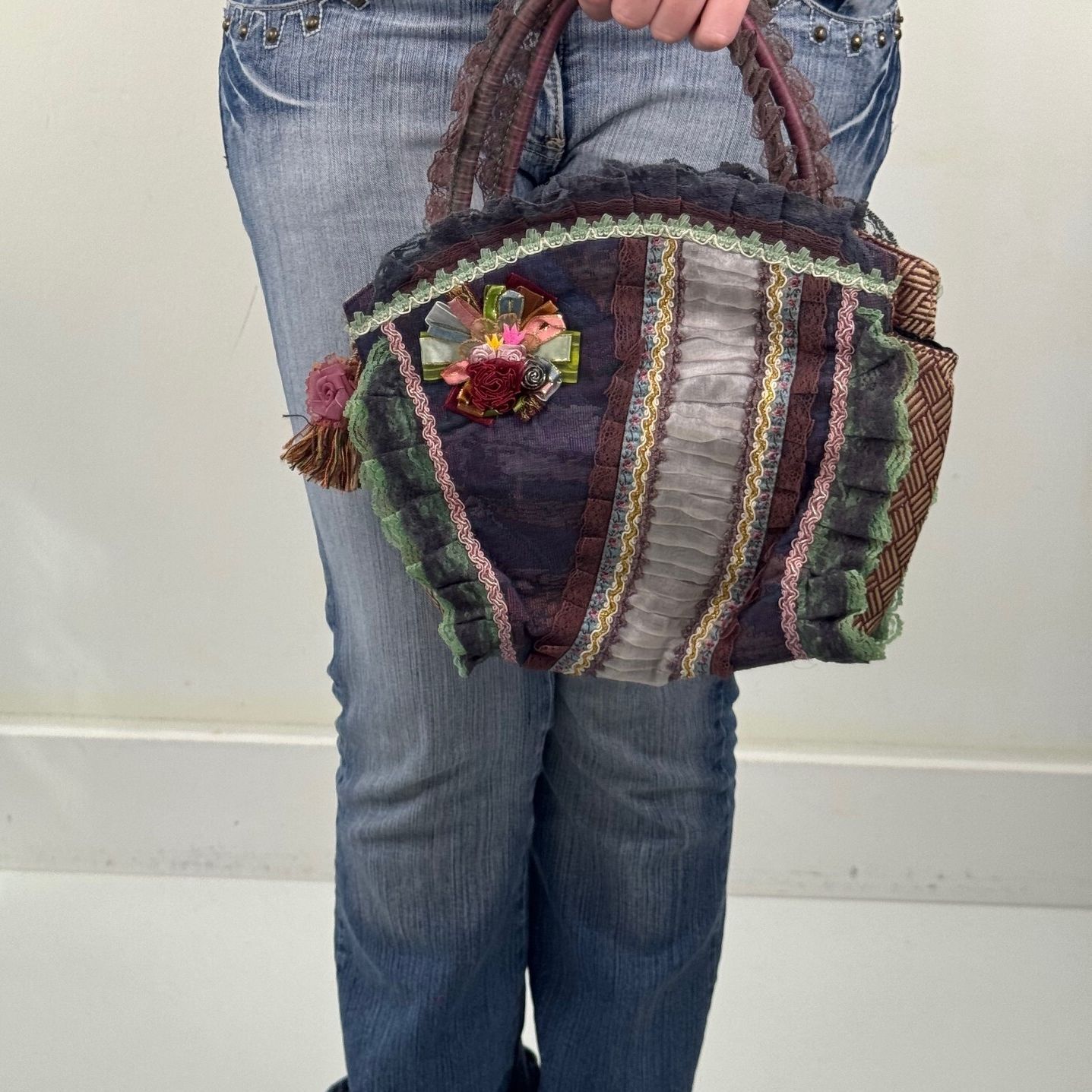 Y2K vintage small handbag coquette lace floral patchwork tapestry ribbon boho