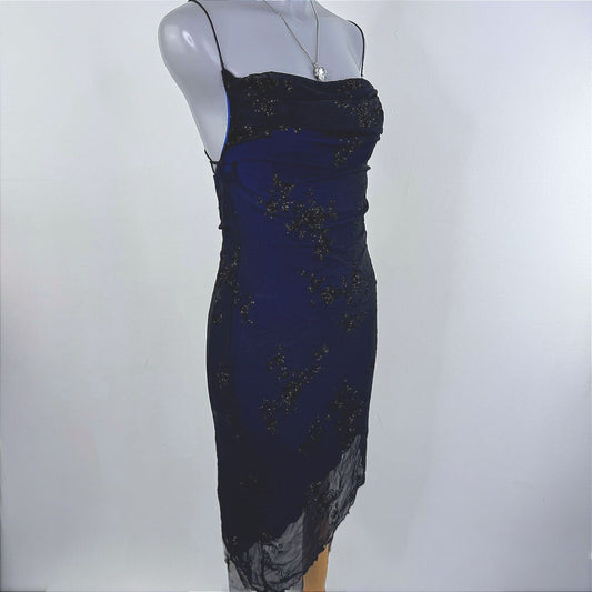 Y2K vintage midi dress asymmetrical floral sparkly open back cowl neck party