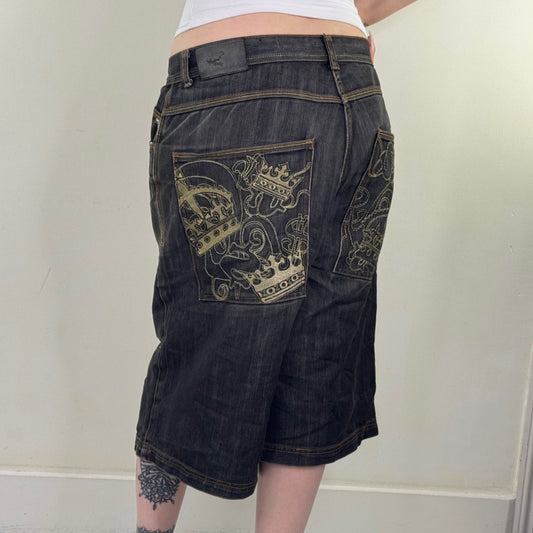 Y2K vintage jorts denim shorts embroidered crown dark grey wash contrast baggy